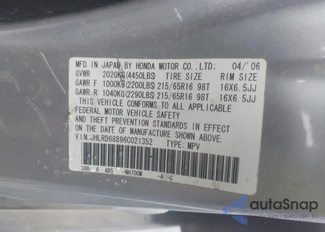 2006 Honda Cr-V Ex z USA, uszkodzony, nr VIN JHLRD68896C021352